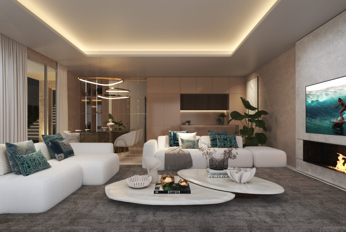 Villa Two WaveView Frontline Beach La Cala NVOGA Marbella Realty Living Room night