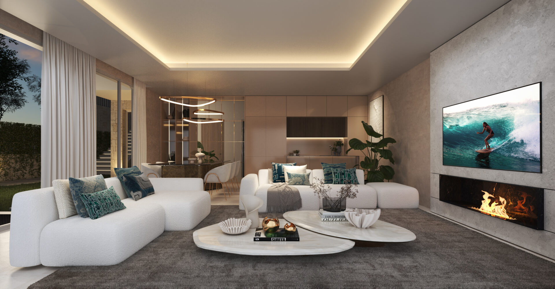 Villa Two WaveView Frontline Beach La Cala NVOGA Marbella Realty Living Room night